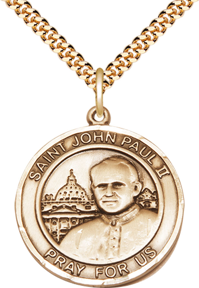 14kt Gold Filled Saint John Paul II Pendant on a 24 inch Gold Plate Heavy Curb chain
