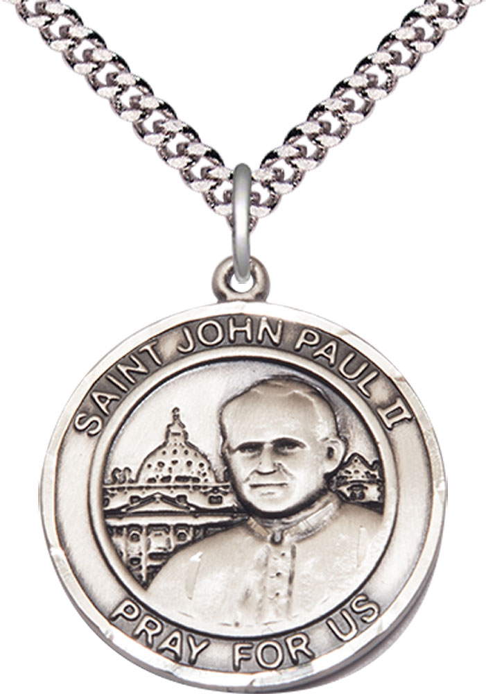 Sterling Silver Saint John Paul II Pendant on a 24 inch Light Rhodium Heavy Curb chain