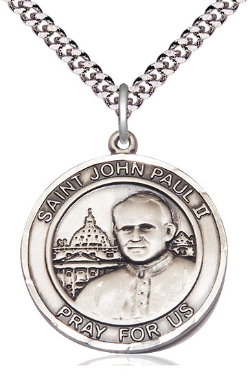 Sterling Silver Saint John Paul II Pendant on a 24 inch Light Rhodium Heavy Curb chain