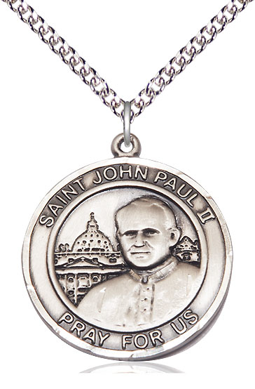 Sterling Silver Saint John Paul II Pendant on a 24 inch Sterling Silver Heavy Curb chain