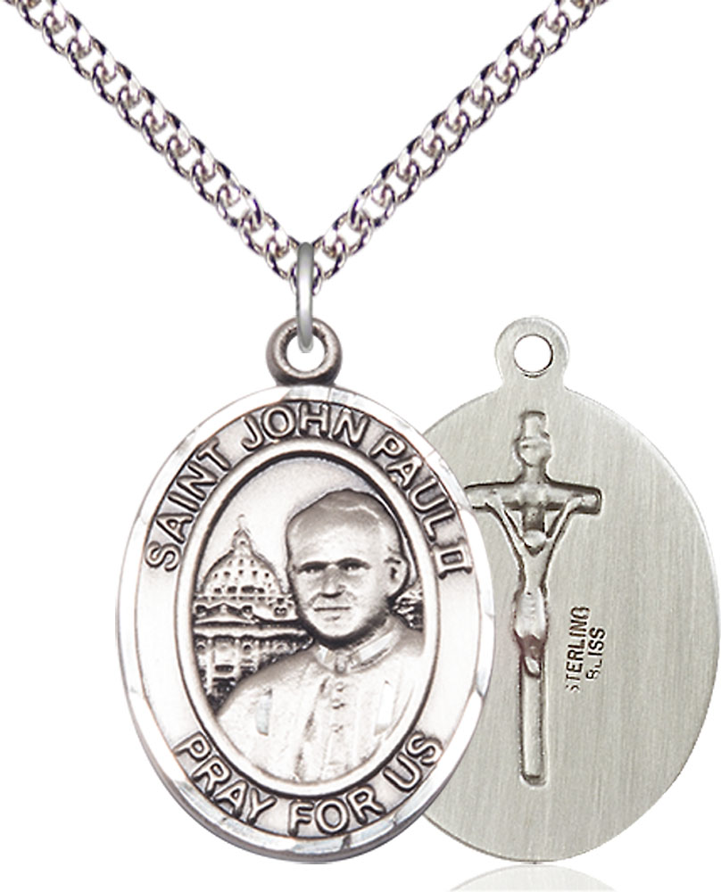 Sterling Silver Saint John Paul II Pendant on a 24 inch Sterling Silver Heavy Curb chain
