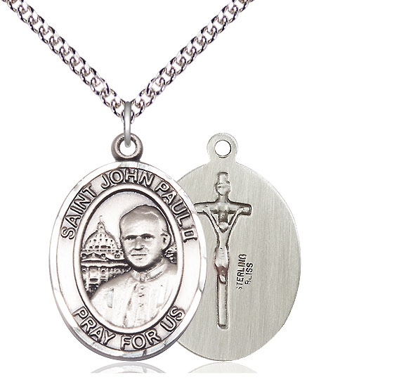 Sterling Silver Saint John Paul II Pendant on a 24 inch Sterling Silver Heavy Curb chain