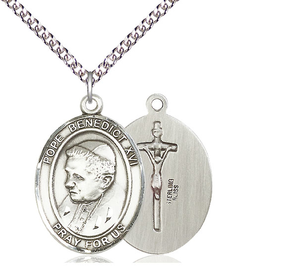 Sterling Silver Pope Benedict XVI Pendant on a 24 inch Sterling Silver Heavy Curb chain