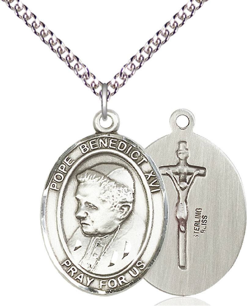 Sterling Silver Pope Benedict XVI Pendant on a 24 inch Sterling Silver Heavy Curb chain