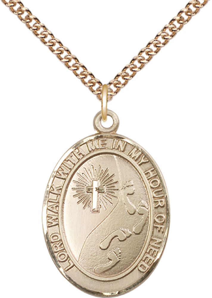 14kt Gold Filled Footprints Cross Pendant on a 24 inch Gold Filled Heavy Curb chain