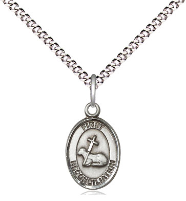 Sterling Silver First Reconciliation Pendant on a 18 inch Light Rhodium Light Curb chain
