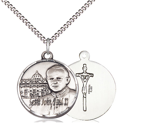 Sterling Silver Saint John Paul II Vatican Pendant on a 18 inch Light Rhodium Light Curb chain