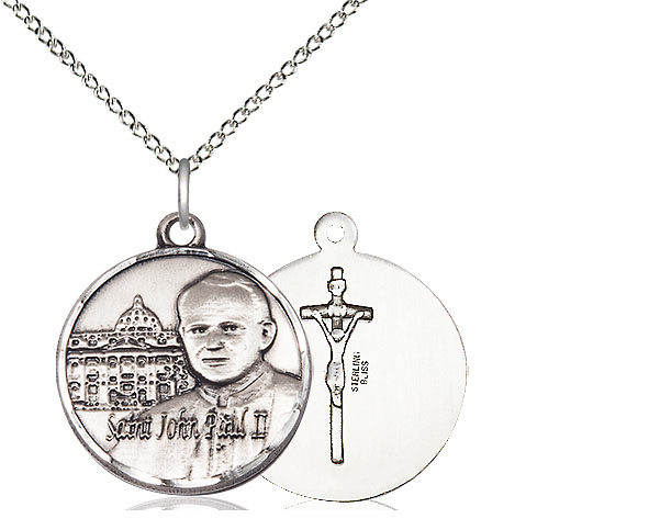 Sterling Silver Saint John Paul II Vatican Pendant on a 18 inch Sterling Silver Light Curb chain