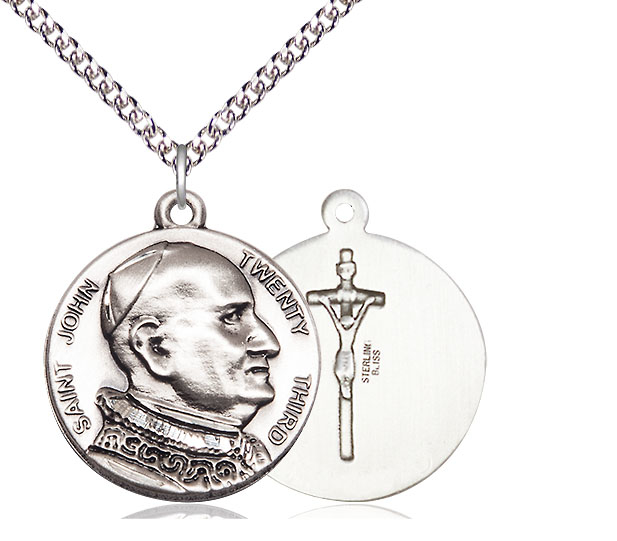 Sterling Silver Saint John XXIII Pendant on a 24 inch Sterling Silver Heavy Curb chain