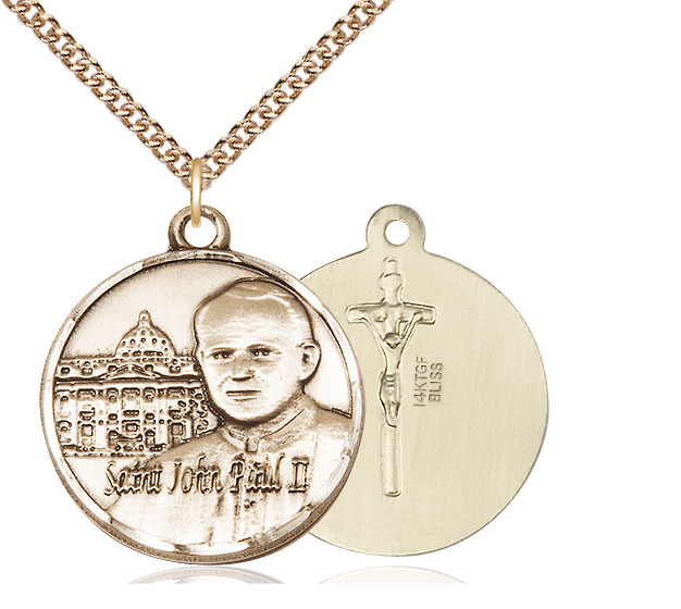 14kt Gold Filled Saint John Paul II Vatican Pendant on a 24 inch Gold Filled Heavy Curb chain