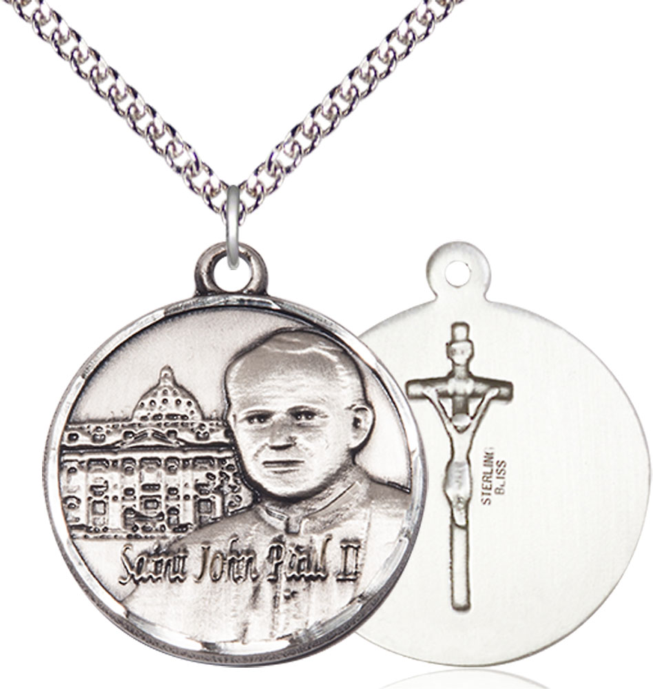 Sterling Silver Saint John Paul II Vatican Pendant on a 24 inch Sterling Silver Heavy Curb chain