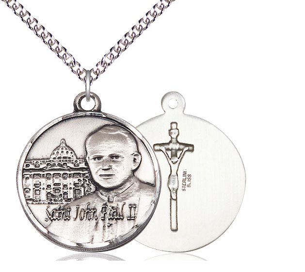 Sterling Silver Saint John Paul II Vatican Pendant on a 24 inch Sterling Silver Heavy Curb chain