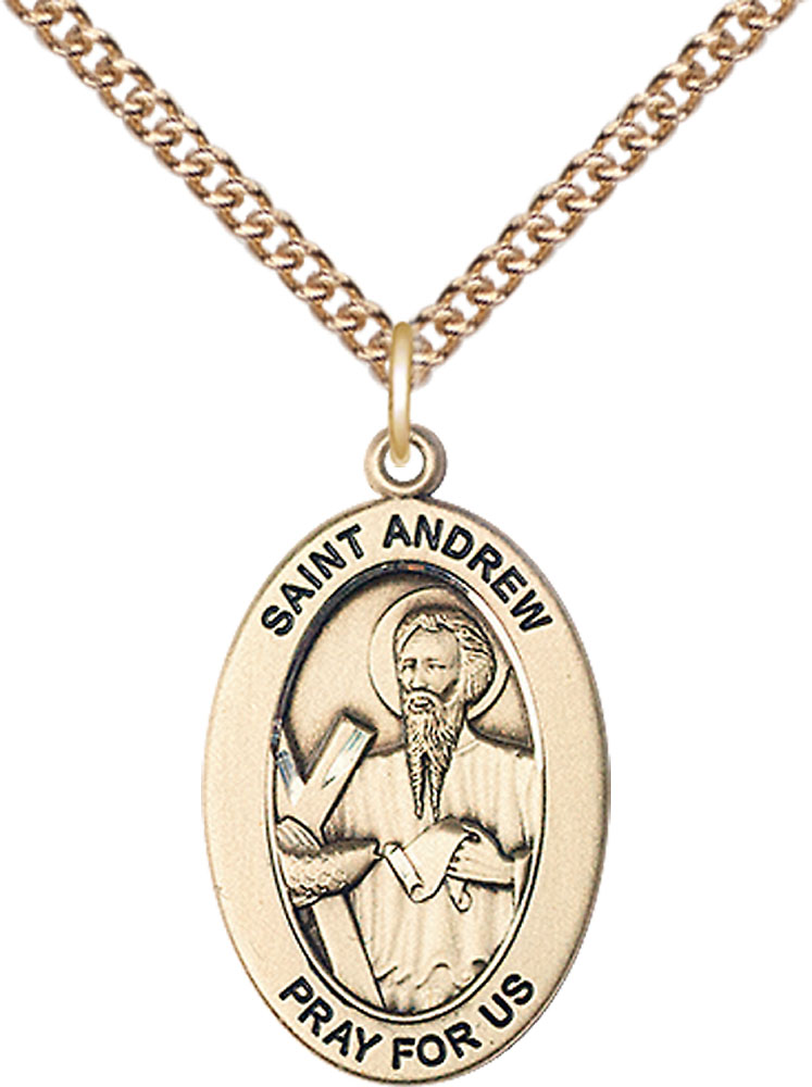 14kt Gold Filled Saint Andrew the Apostle Pendant on a 24 inch Gold Filled Heavy Curb chain