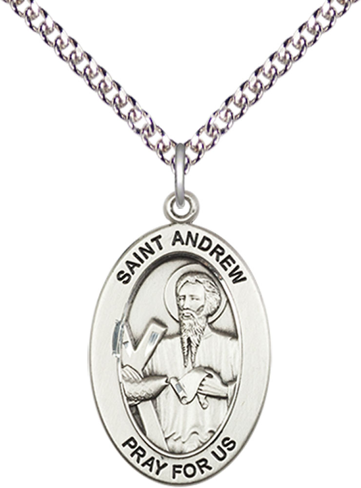 Sterling Silver Saint Andrew the Apostle Pendant on a 24 inch Sterling Silver Heavy Curb chain
