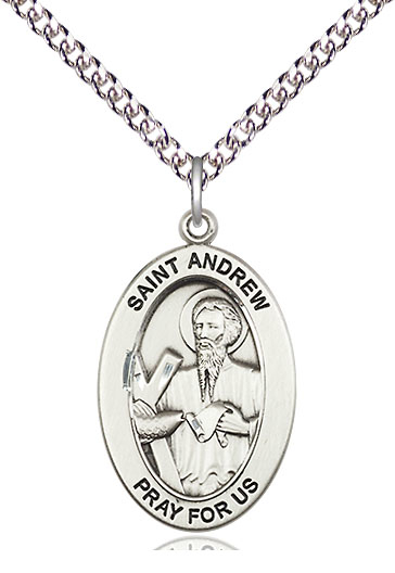 Sterling Silver Saint Andrew the Apostle Pendant on a 24 inch Sterling Silver Heavy Curb chain