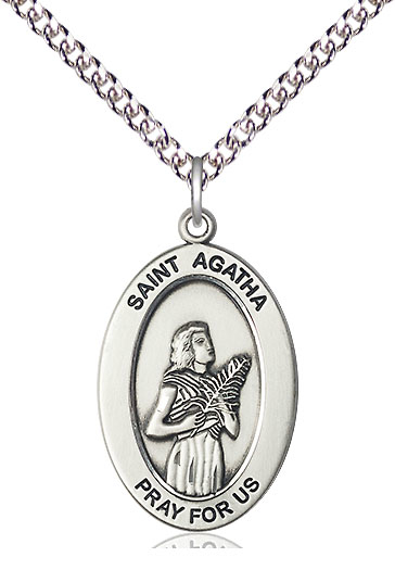 Sterling Silver Saint Agatha Pendant on a 24 inch Sterling Silver Heavy Curb chain