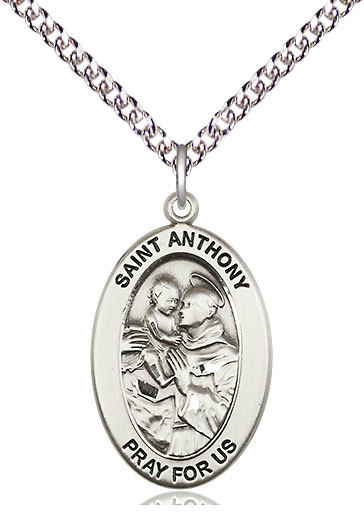 Sterling Silver Saint Anthony of Padua Pendant on a 24 inch Sterling Silver Heavy Curb chain