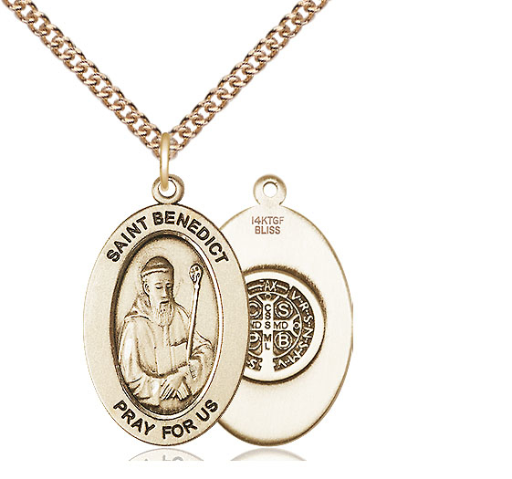 14kt Gold Filled Saint Benedict Pendant on a 24 inch Gold Filled Heavy Curb chain