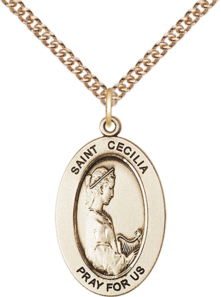 14kt Gold Filled Saint Cecilia Pendant on a 24 inch Gold Filled Heavy Curb chain