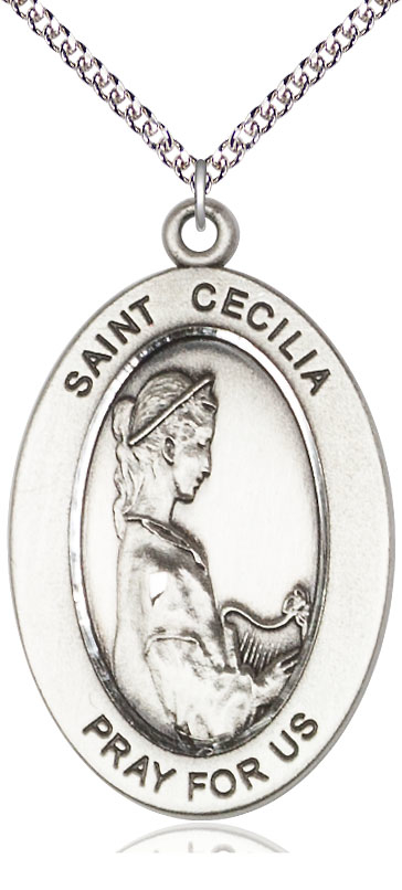 Sterling Silver Saint Cecilia Pendant on a 24 inch Sterling Silver Heavy Curb chain