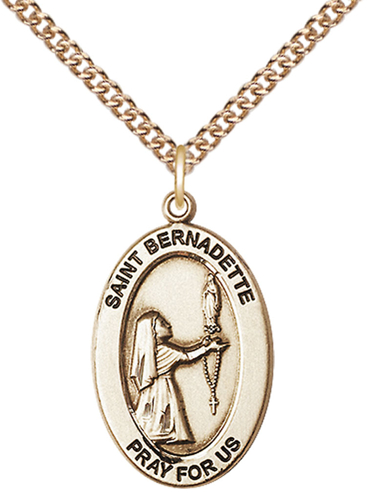 14kt Gold Filled Saint Bernadette Pendant on a 24 inch Gold Filled Heavy Curb chain