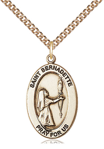 14kt Gold Filled Saint Bernadette Pendant on a 24 inch Gold Filled Heavy Curb chain