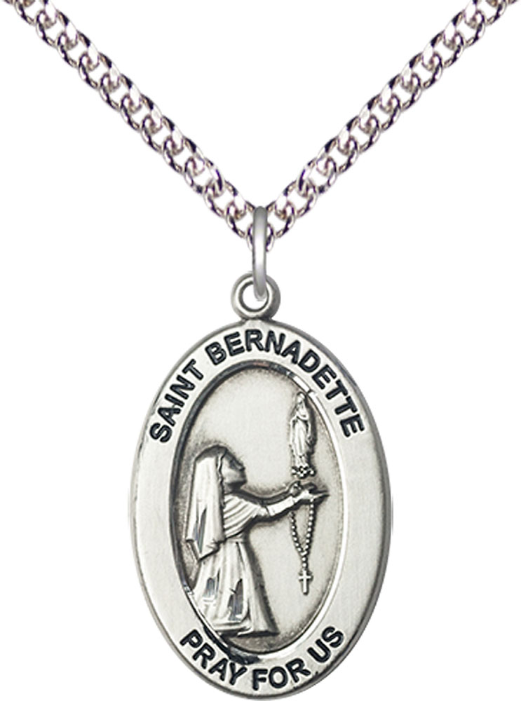 Sterling Silver Saint Bernadette Pendant on a 24 inch Sterling Silver Heavy Curb chain
