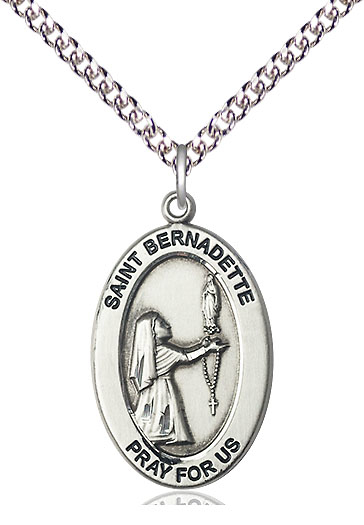 Sterling Silver Saint Bernadette Pendant on a 24 inch Sterling Silver Heavy Curb chain