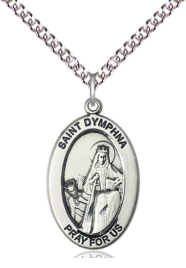 Sterling Silver Saint Dymphna Pendant on a 24 inch Sterling Silver Heavy Curb chain