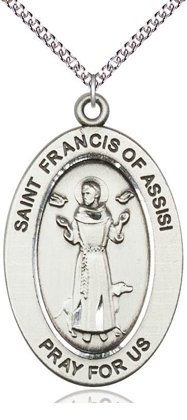 Sterling Silver Saint Francis of Assisi Pendant on a 24 inch Sterling Silver Heavy Curb chain