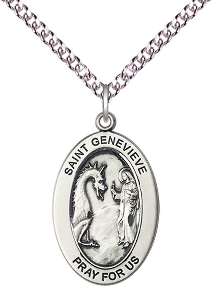 Sterling Silver Saint Genevieve Pendant on a 24 inch Sterling Silver Heavy Curb chain