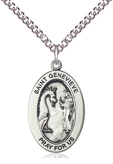 Sterling Silver Saint Genevieve Pendant on a 24 inch Sterling Silver Heavy Curb chain