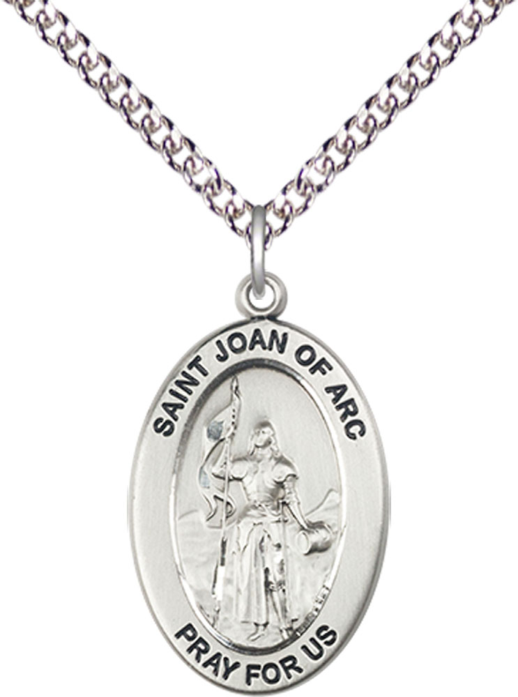 Sterling Silver Saint Joan of Arc Pendant on a 24 inch Sterling Silver Heavy Curb chain