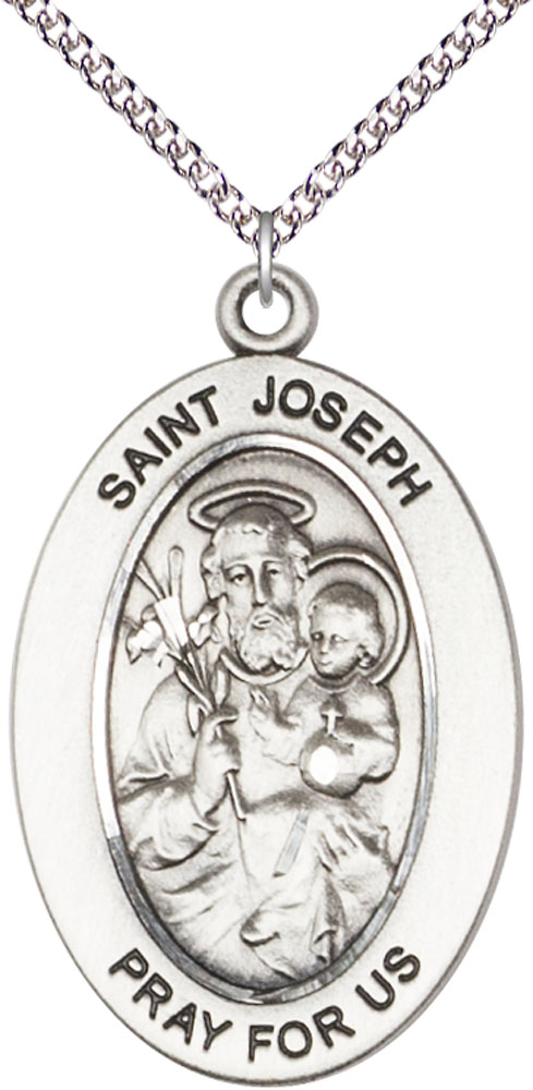 Sterling Silver Saint Joseph Pendant on a 24 inch Sterling Silver Heavy Curb chain