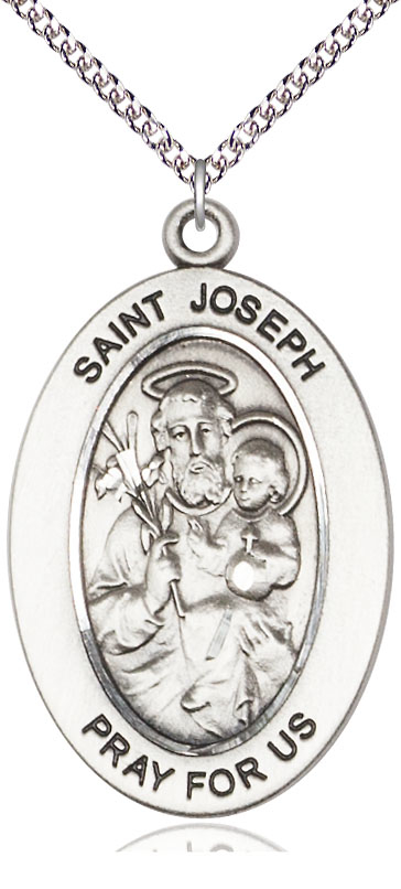 Sterling Silver Saint Joseph Pendant on a 24 inch Sterling Silver Heavy Curb chain