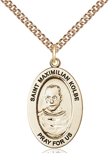14kt Gold Filled Saint Maximilian Kolbe Pendant on a 24 inch Gold Filled Heavy Curb chain