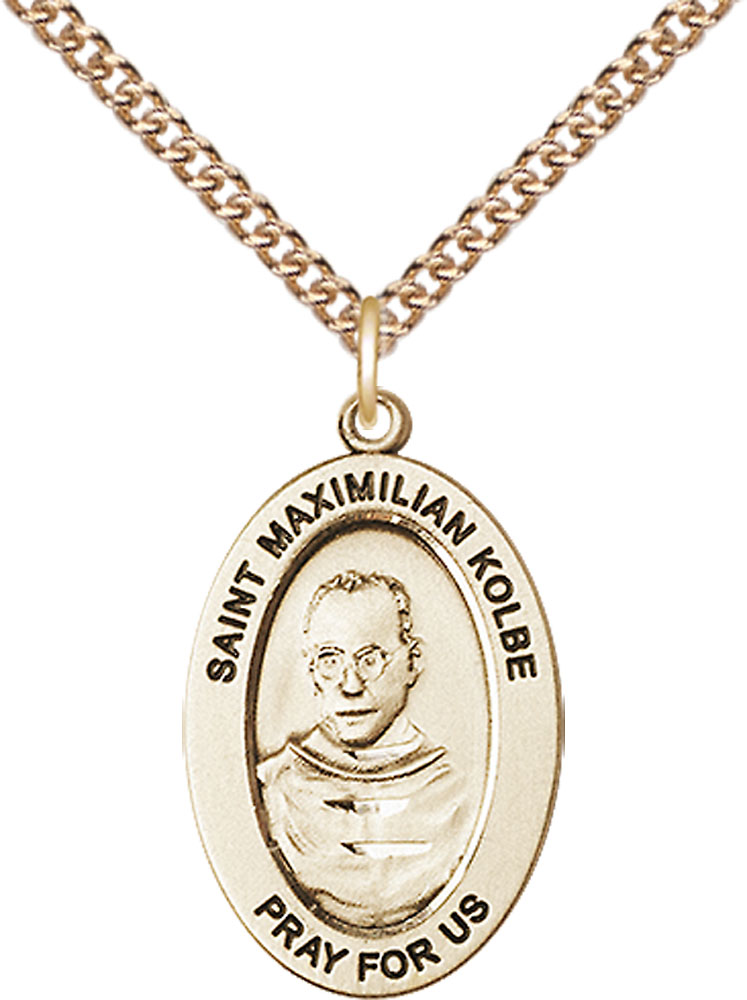 14kt Gold Filled Saint Maximilian Kolbe Pendant on a 24 inch Gold Filled Heavy Curb chain