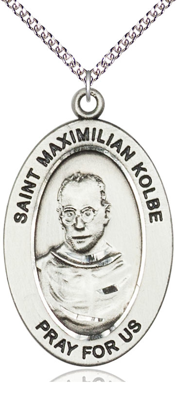 Sterling Silver Saint Maximilian Kolbe Pendant on a 24 inch Sterling Silver Heavy Curb chain