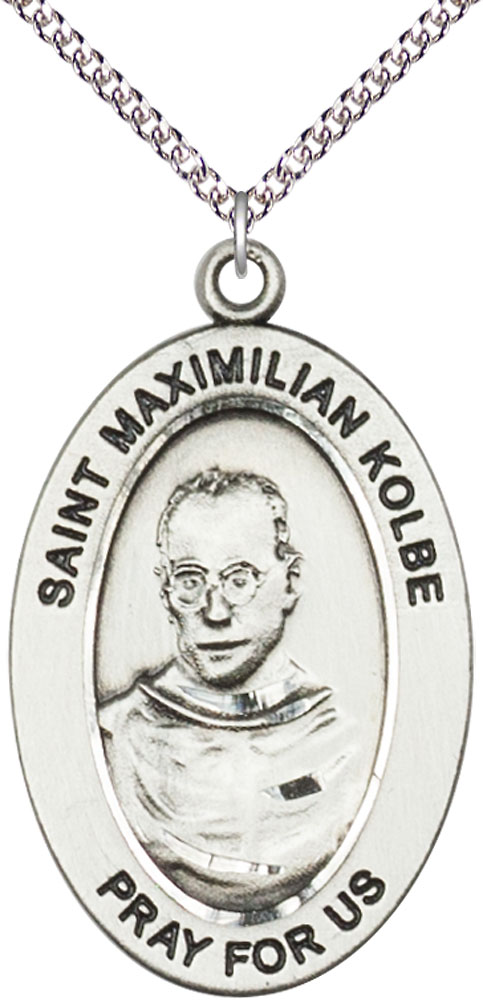 Sterling Silver Saint Maximilian Kolbe Pendant on a 24 inch Sterling Silver Heavy Curb chain