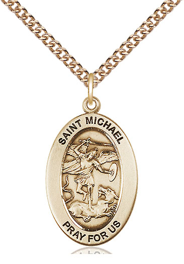 14kt Gold Filled Saint Michael the Archangel Pendant on a 24 inch Gold Filled Heavy Curb chain