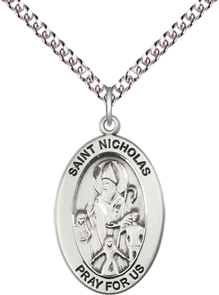 Sterling Silver Saint Nicholas Pendant on a 24 inch Sterling Silver Heavy Curb chain