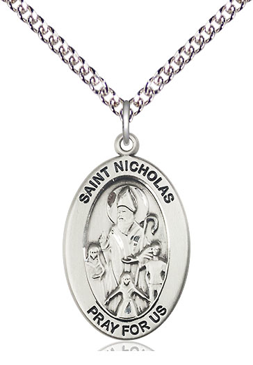 Sterling Silver Saint Nicholas Pendant on a 24 inch Sterling Silver Heavy Curb chain