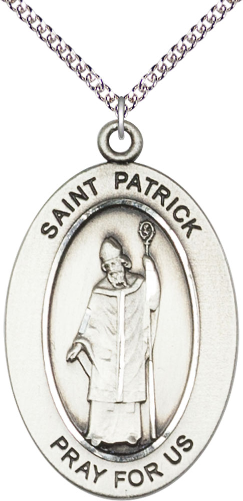Sterling Silver Saint Patrick Pendant on a 24 inch Sterling Silver Heavy Curb chain