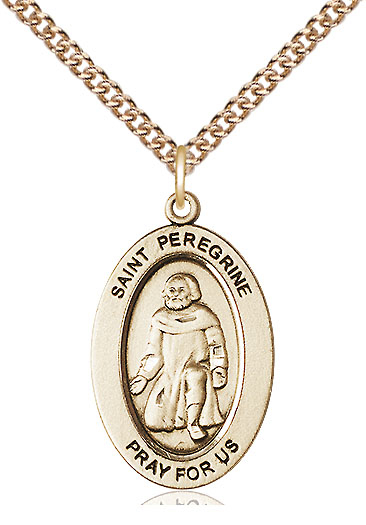 14kt Gold Filled Saint Peregrine Pendant on a 24 inch Gold Filled Heavy Curb chain