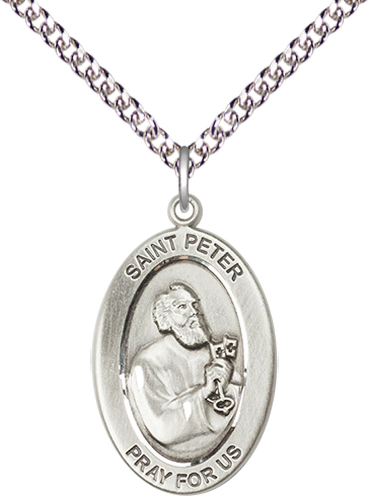 Sterling Silver Saint Peter the Apostle Pendant on a 24 inch Sterling Silver Heavy Curb chain