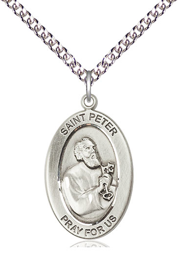 Sterling Silver Saint Peter the Apostle Pendant on a 24 inch Sterling Silver Heavy Curb chain