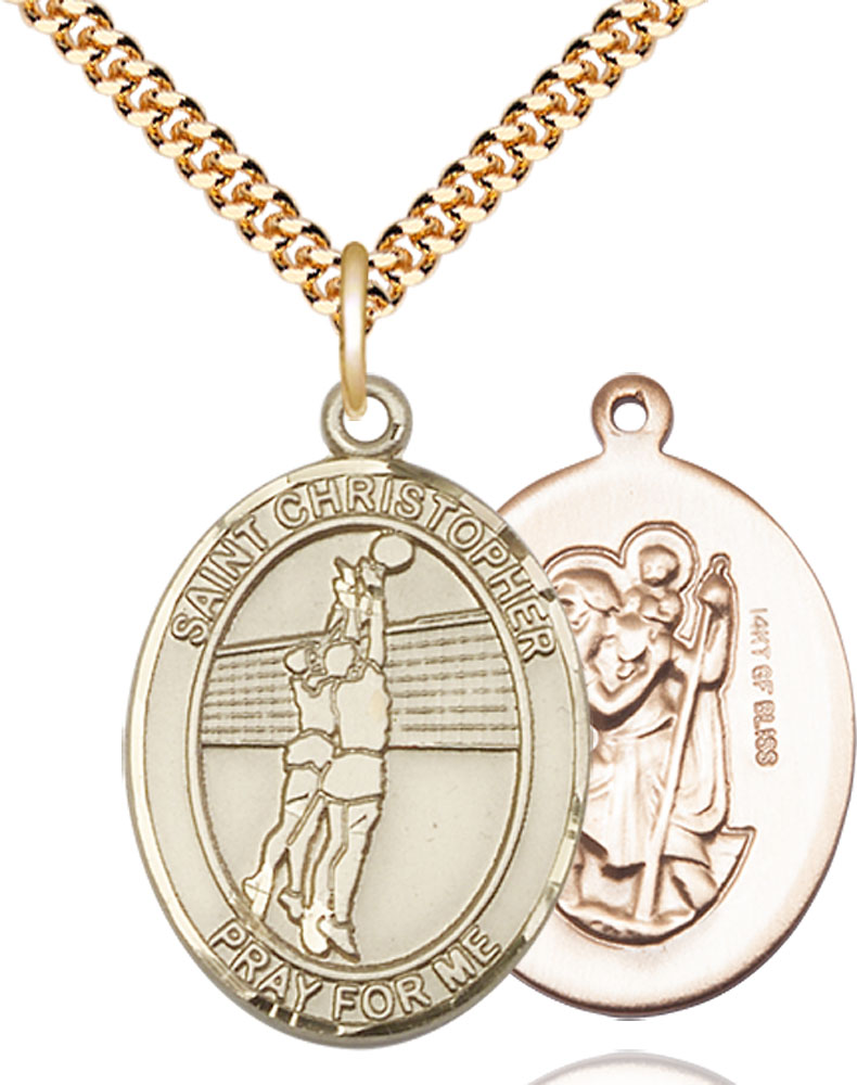 14kt Gold Filled Saint Christopher Volleyball Pendant on a 24 inch Gold Plate Heavy Curb chain