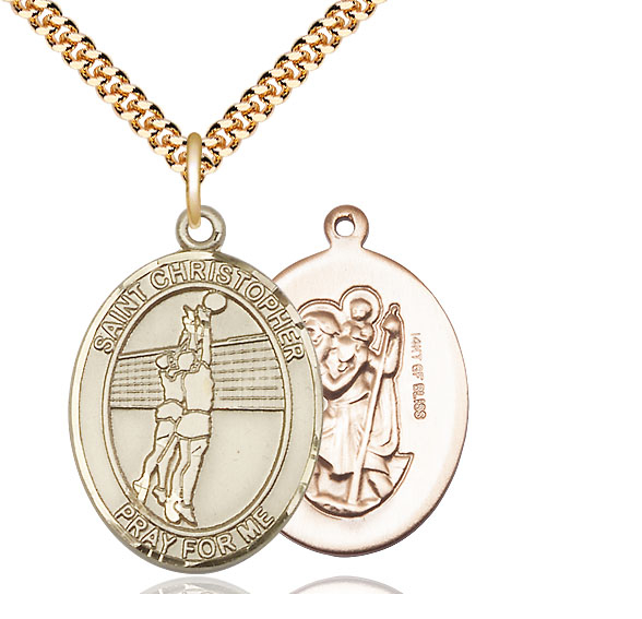 14kt Gold Filled Saint Christopher Volleyball Pendant on a 24 inch Gold Plate Heavy Curb chain