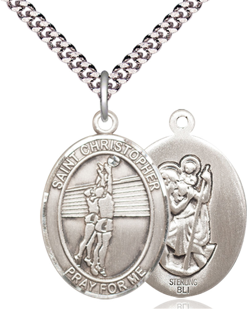 Sterling Silver Saint Christopher Volleyball Pendant on a 24 inch Light Rhodium Heavy Curb chain