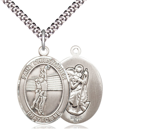 Sterling Silver Saint Christopher Volleyball Pendant on a 24 inch Light Rhodium Heavy Curb chain
